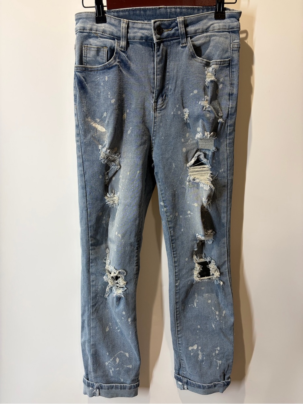High-Rise Distressed Paint Splashed Light Blue Women's Jeans